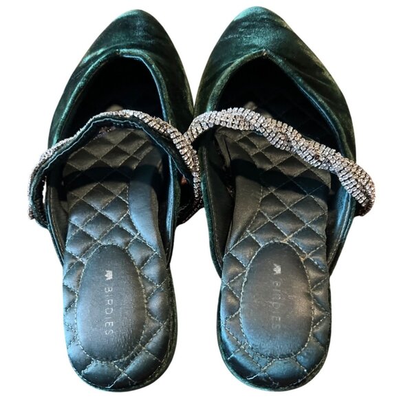 Birdies The Swan Velvet Gem Bracelet Flats Shoes​ Mules Slides 6 Emerald Green - Picture 3 of 8
